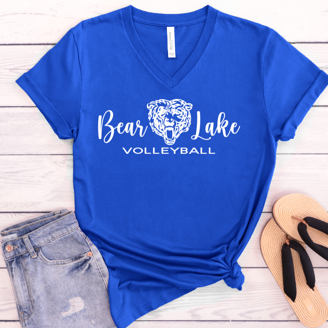 Royal V Neck Bella Canvas Bear Lake Script Tee