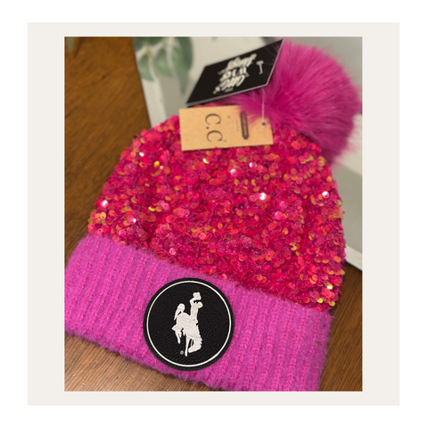 Hot Pink Sequin CC Pom Beanie