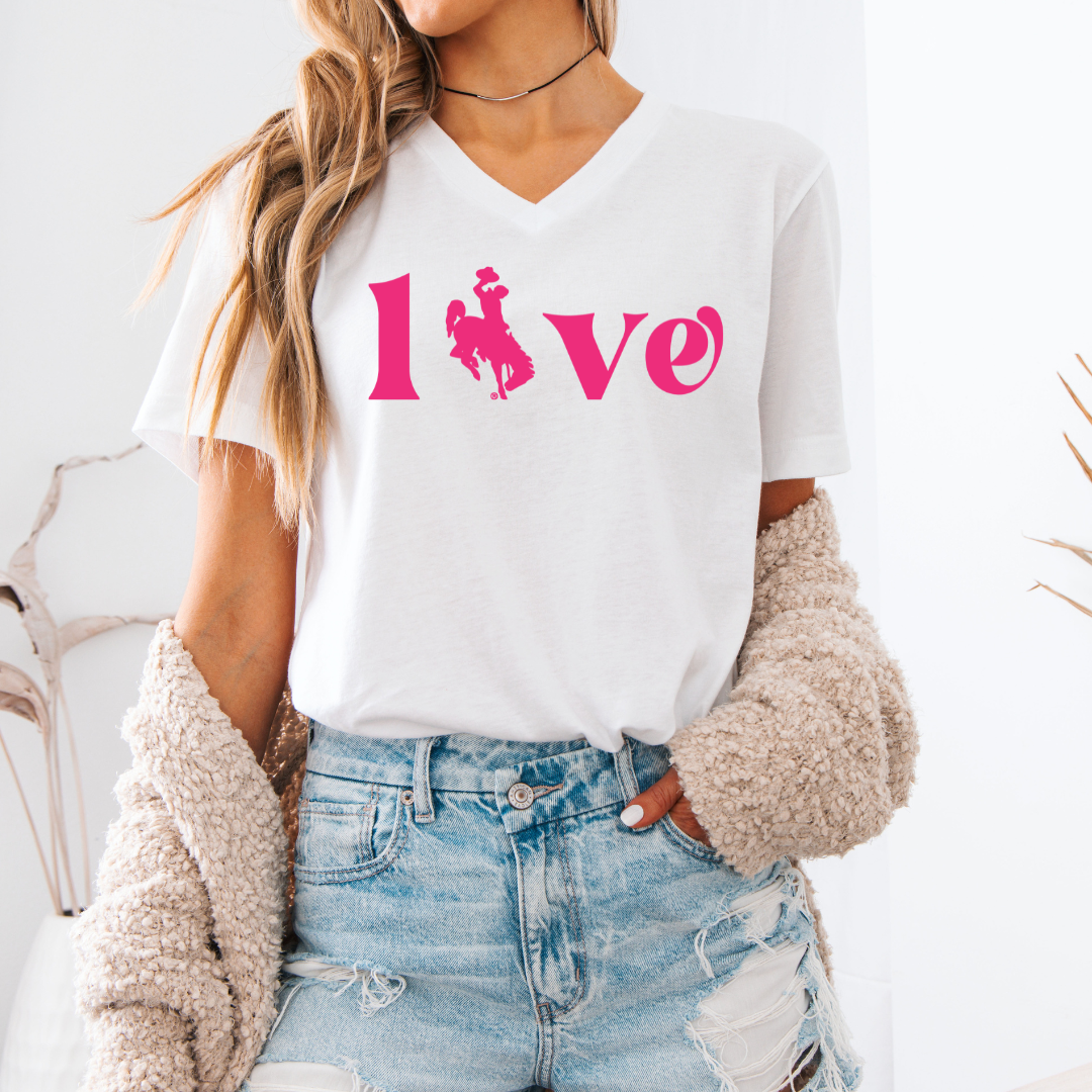 White/Hot Pink V Neck LOVE Bella Canvas Tee