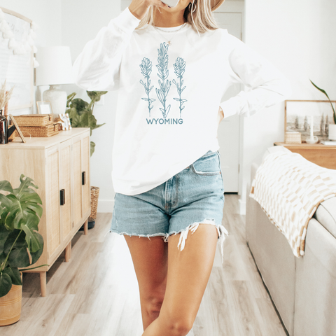 White LONG Sleeve White/Cottage Blue Indian Paintbrush Comfort Colors Tee