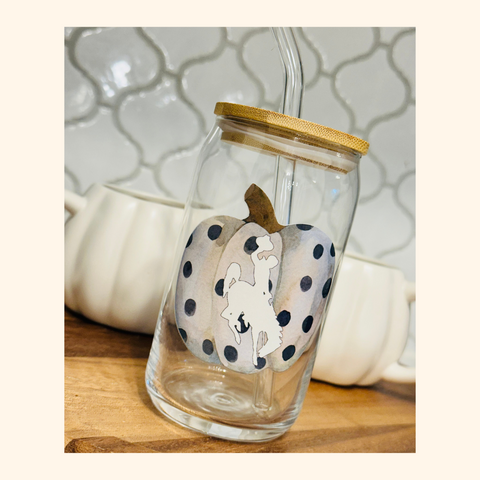 Polka Dot Pumpkin Bamboo Lid Glass Tumbler