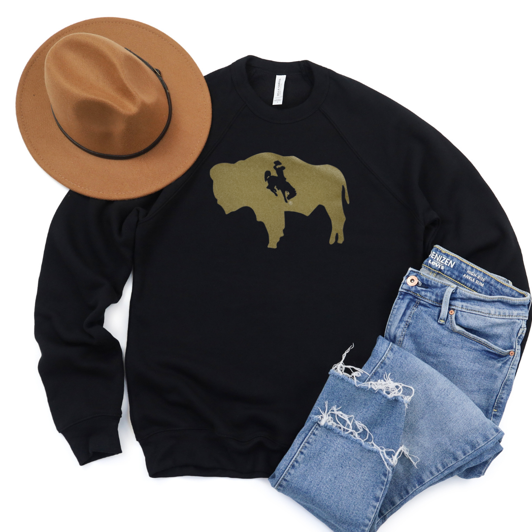 Black Bella Canvas/Gold Buffalo Steamboat Fleece Crewneck