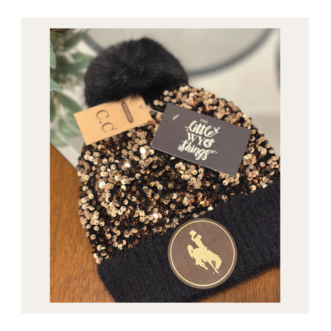 Black Sequin CC Pom Beanie