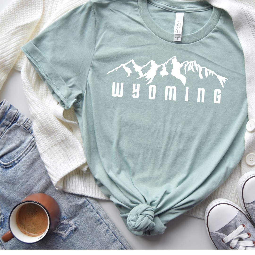 Heather Dusty Blue/Wyo Tetons Bella Canvas Tee
