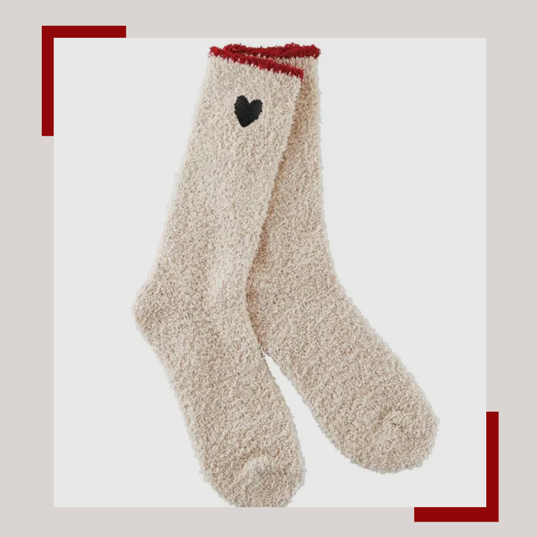 Cozy Socks Natural Red Trim/Black Heart