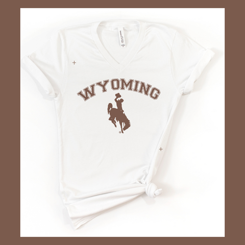 White/Espresso Wyo Steamboat Bella Canvas V Neck Tee