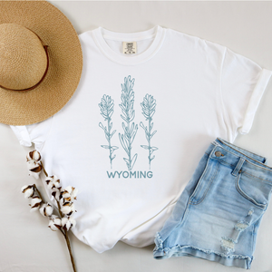 SHORT Sleeve White/Cottage Blue Indian Paintbrush WYO Comfort Colors Tee