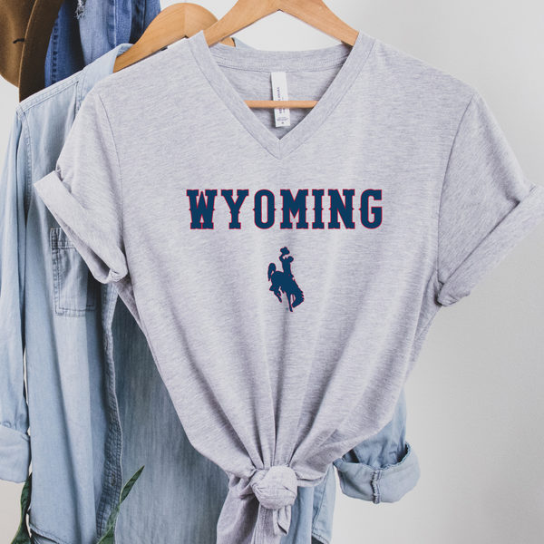 V Neck Heather Gray Red Wyo & Blue Bella Canvas Tee