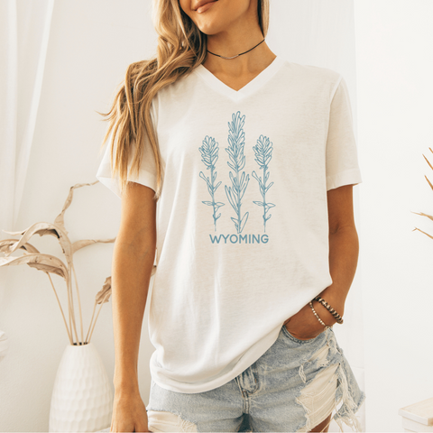 Vintage White V Neck/Cottage Blue Indian Paintbrush WYO Bella Canvas Tee