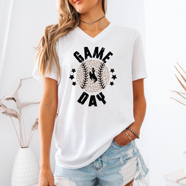 V Neck Bella Canvas White Metallic Baseball/Softball Game Day Tee