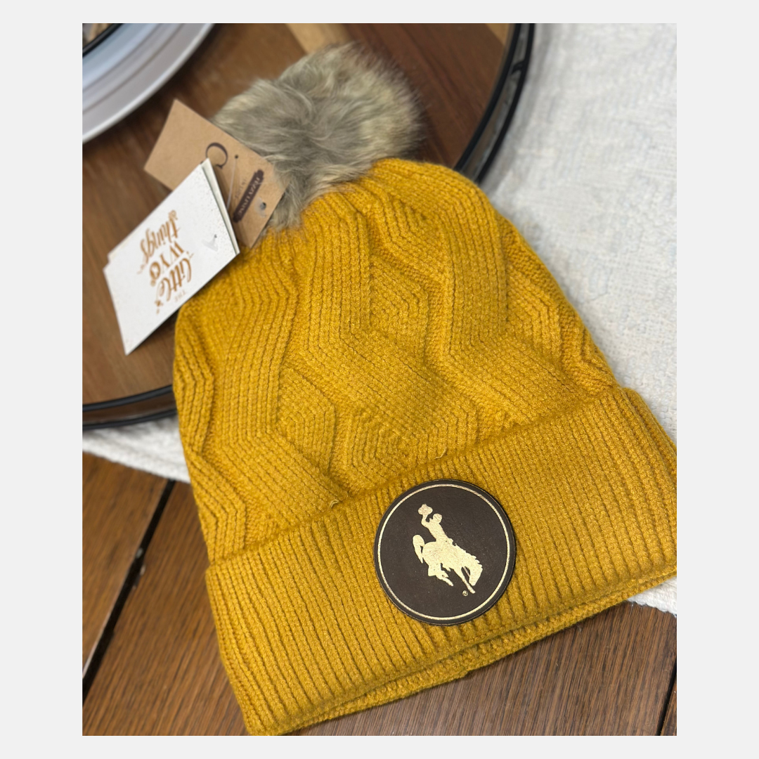 CC Mustard Geometic Pom Beanie/Gold Steamboat Circle Patch