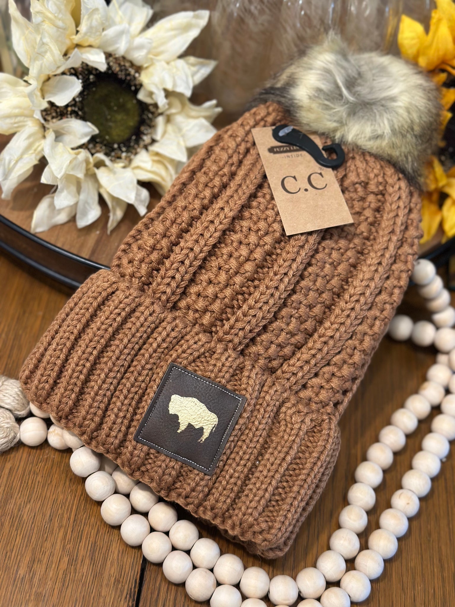 CC Walnut/Buffalo Fleece Lined Pom Beanie