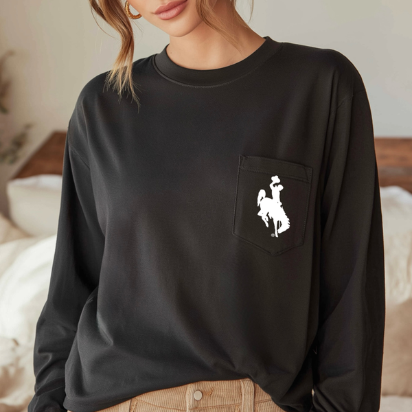 Black LONG Sleeve POCKET/ White Steamboat Comfort Colors Tee