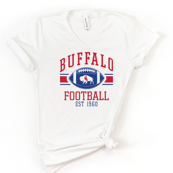 V Neck White Bella Canvas Buffalo Football Tee