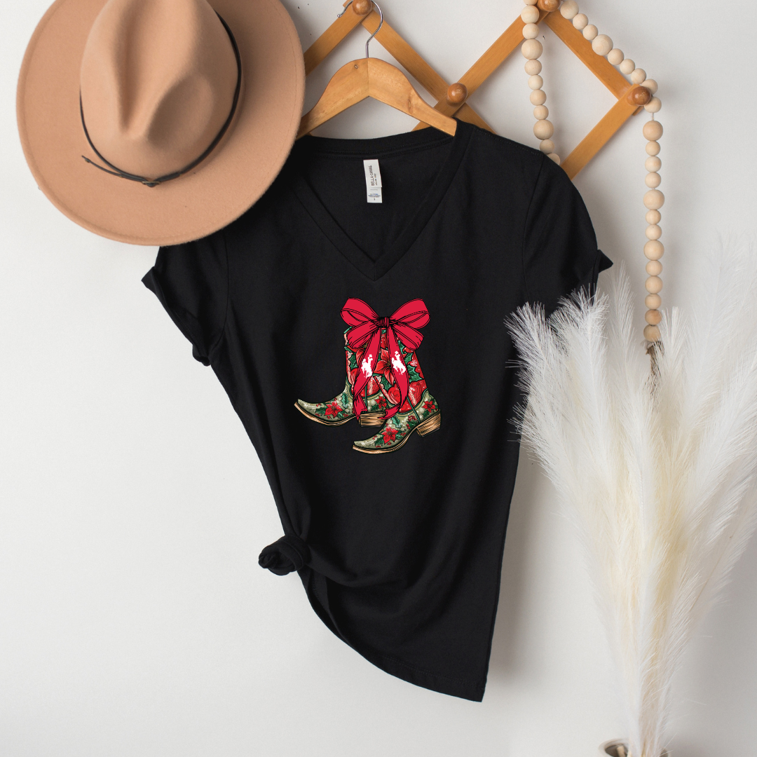 Black V-Neck Christmas Boots Bella Canvas Tee