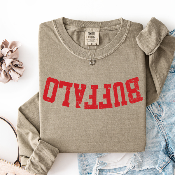 Khaki Long Sleeve/Upside Down Buffalo Comfort Colors Tee