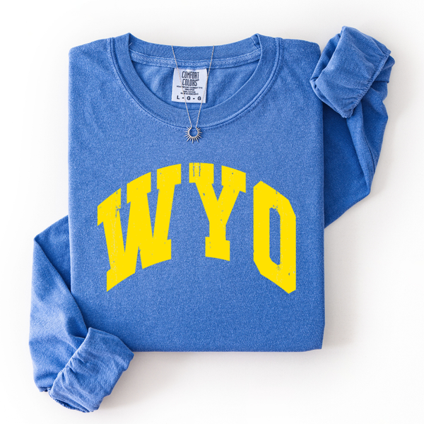 LONG Sleeve Flo Blue Distressed Yellow WYO with sleeve detail Comfort Colors Tee