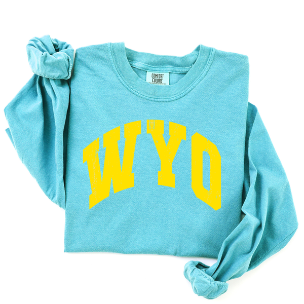 LONG Sleeve Lagoon Distressed Yellow WYO with sleeve detail Comfort Colors Tee