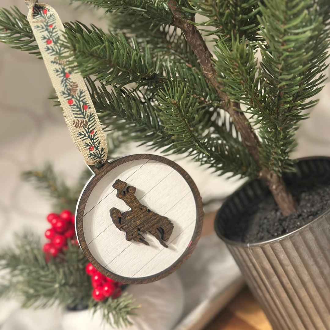 Dark Stain/Pine Ribbon Steamboat Christmas Ornament