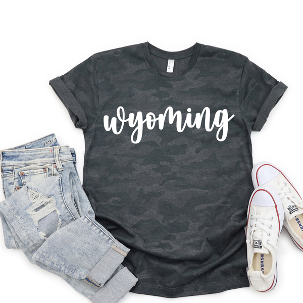 Storm Camo Puff Lowercase Script Wyoming Tee