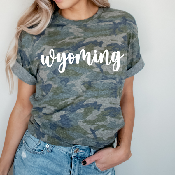 Puff Lowercase Script Wyoming on Vintage Camo Tee