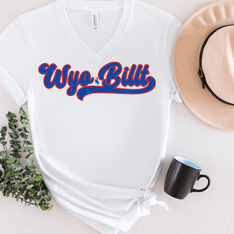 White V- Neck Wyo Billt Script Bella Canvas Jersey CVC Blend Tee