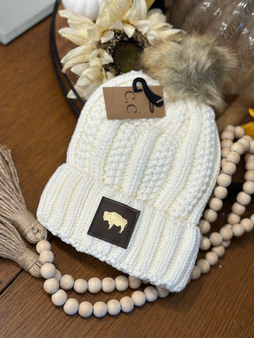 CC Ivory/Buffalo Fleece Lined Pom Beanie