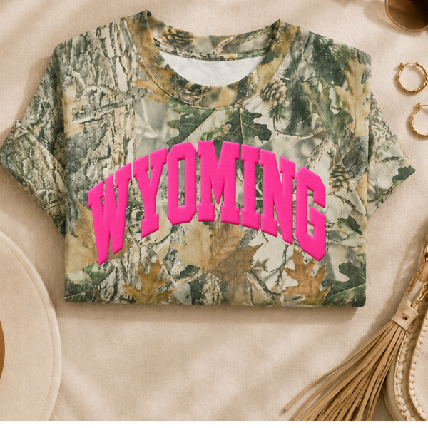 Pink Puff WYOMING on Camo Cotton Collectives Drop Shoulder Tee {Pre-Order}