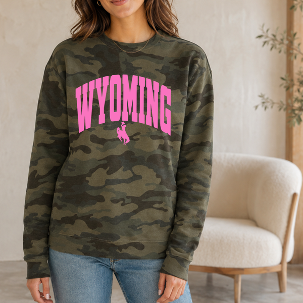 Bubblegum Pink WYOMING Steamboat/Midweight Forest Camo Crewneck