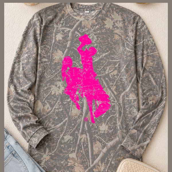 LONG SLEEVE Deadwood Camo/Jumbo Neon Pink Steamboat (no white outline)