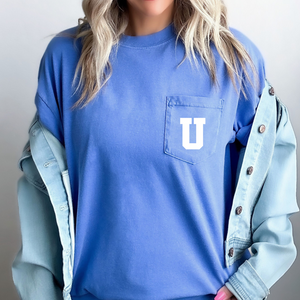 "U"/Flo Blue Comfort Colors Pocket Tee
