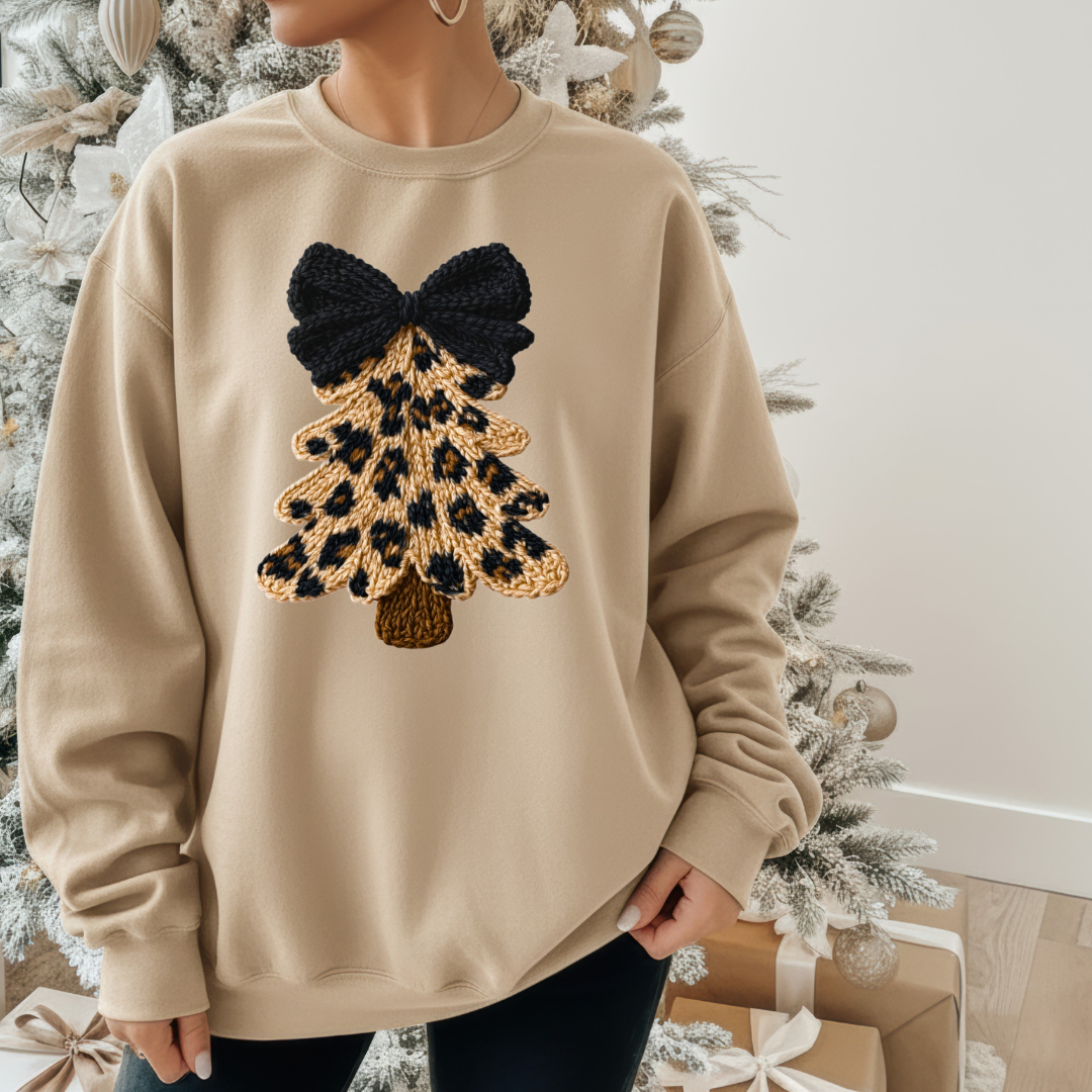 Sand Faux Yarn Leopard Tree Crewneck