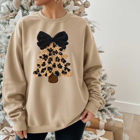 Sand Faux Yarn Leopard Tree Crewneck