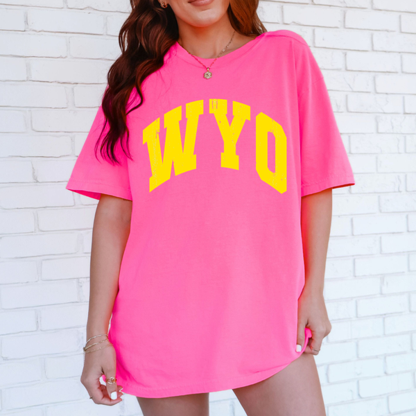 Neon Pink/Distressed Yellow Wyo with Sleeve Detail Comfort Colors Tee