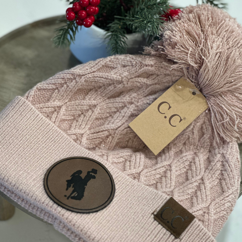 Rose Metallic Cable Knit CC Pom Beanie