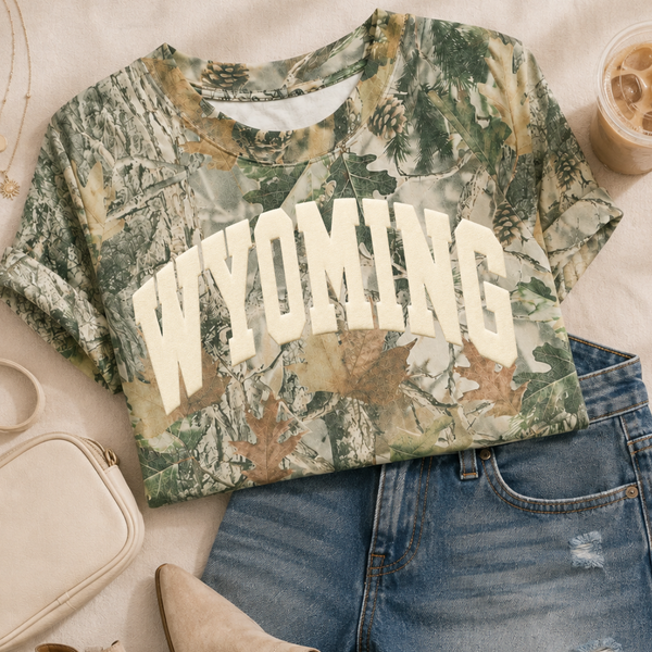 Beige Puff WYOMING on Camo Cotton Collectives Drop Shoulder Tee {Pre-Order}