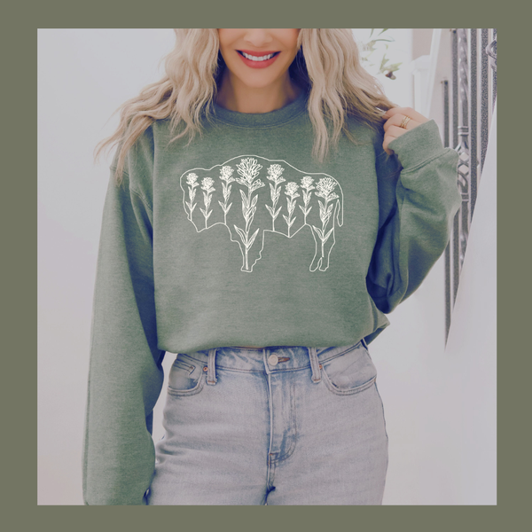 Heather Olive/Ivory Buffalo Paintbrush Crewneck