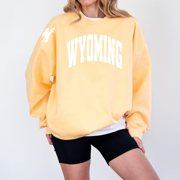 WHITE on Yellow Haze Soft Style/  Varsity WYOMING
